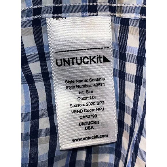 UNTUCKit Sardinia Blue Plaid Button Up Shirt Mens L Slim Fit Nylon Stretch - Picture 5 of 7